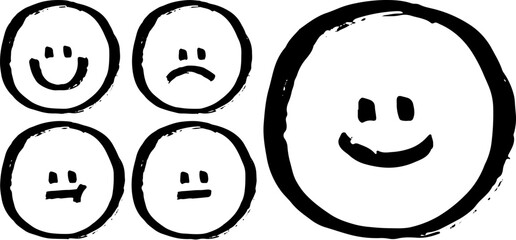 Set of Hand-Drawn Grunge Style Smiley Face Icons – Various Expressions Including Happy, Sad, Neutral, and Smirk in Black on White Background