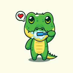 Crocodile brushing teeth cartoon vector illustration.