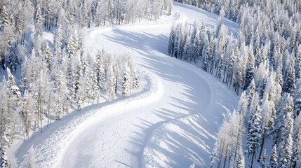 Obraz premium Serene Ski Trail: Winter Wonderland in a Snowy Forest with Untouched Powder Glistening in Sunlight
