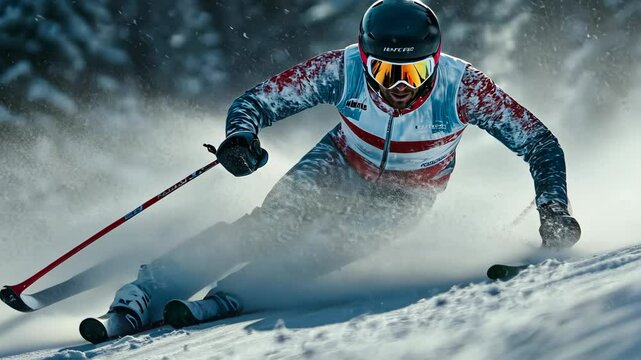 Alpine skier racing down a challenging slalom course, with gates, snow spray, and a focused expression. . Video