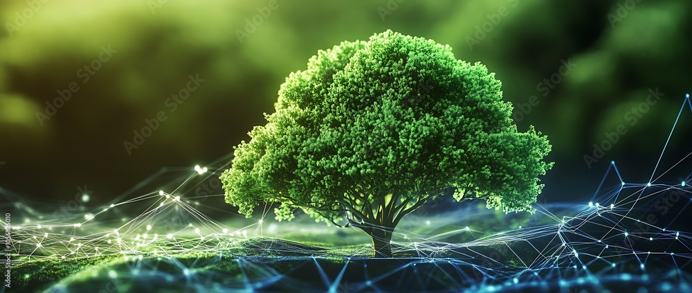 Poster digital representation of nature and technology fusion with vibrant green tree : generative ai