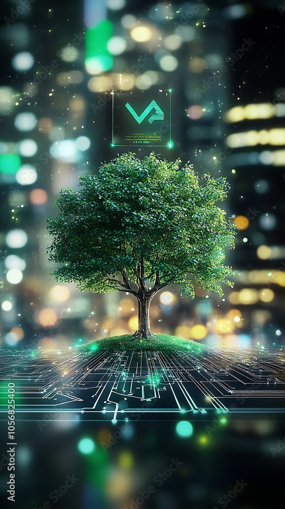 Poster tree growing on circuitry ground with abstract financial logo in a digital city : generative ai