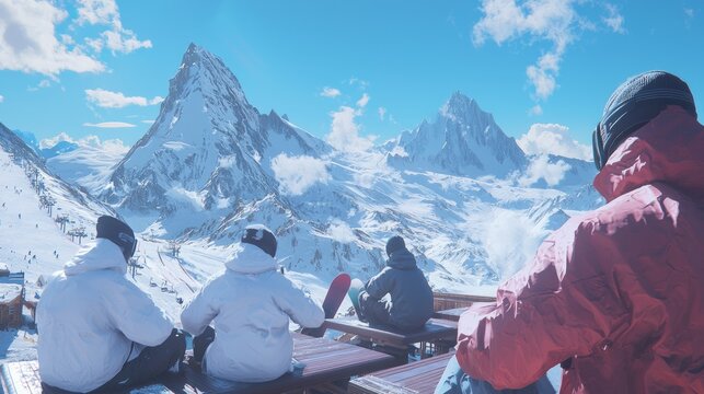 Cozy Community: Snowboarders Relaxing at Mountaintop Lodge with Stunning Winter Views