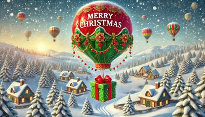  A hot air balloon carrying a huge present Christmas illustration