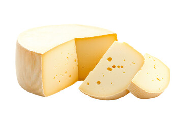 Smoked cheese rounds and slices isolated on white background. Concept of dairy products and cheese varieties.