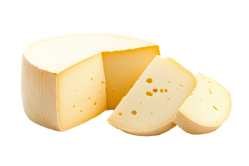 Smoked cheese rounds and slices isolated on white background. Concept of dairy products and cheese varieties.