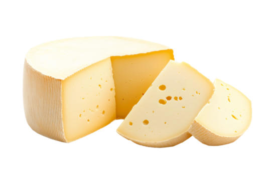 Smoked cheese rounds and slices isolated on white background. Concept of dairy products and cheese varieties.