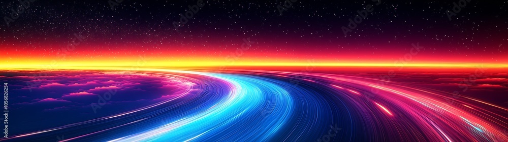 Poster futuristic neon highway in the sky with dynamic colors and expansive starry backdrop : generative ai