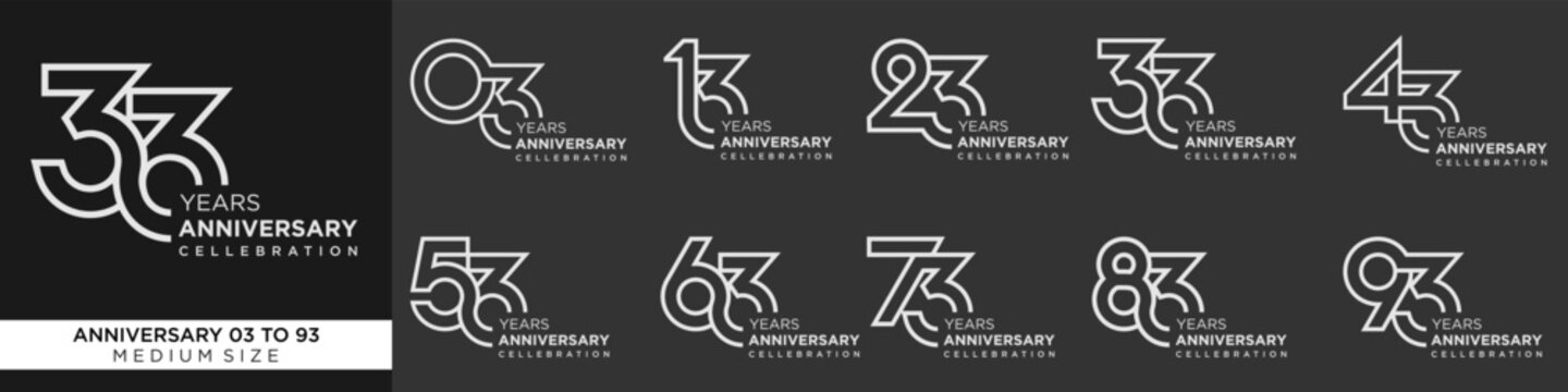 collection anniversary 13 to 93 year, creative number design vector illustration.