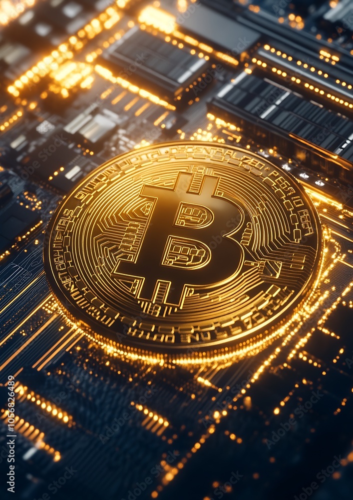 Aufkleber Bitcoin Illuminated on Circuit Board with Advanced Technology Design : Generative AI