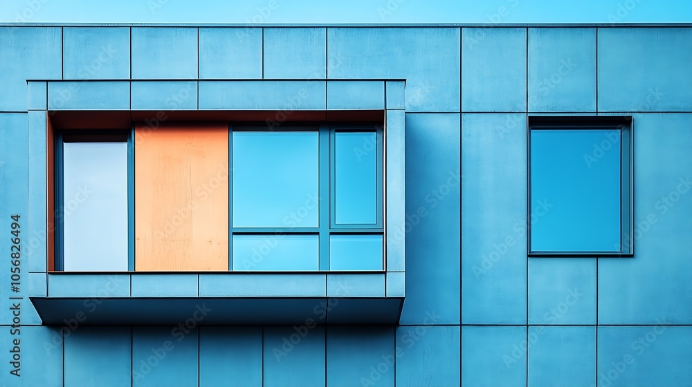 Aufkleber minimalist blue building facade with windowed design in modern urban setting : generative ai