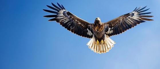 Naklejka premium A majestic golden eagle soaring against a clear blue sky