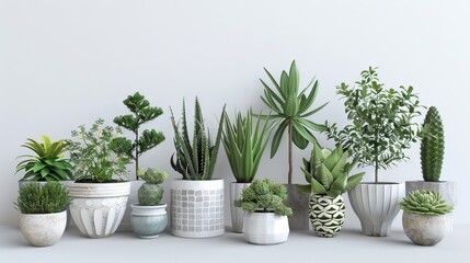 Obraz premium A collection of various indoor plants in stylish pots, arranged against a minimalist white background, showcasing modern home decor.