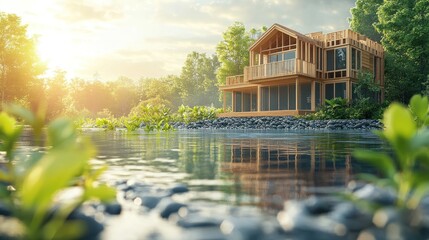 Fototapeta premium Modern wooden house by a serene lake at sunrise.