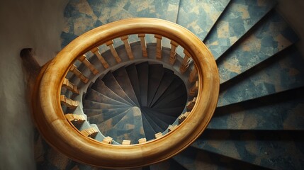 Obraz premium Artistic spiral staircase with rich wooden railing and classic blue flooring : Generative AI