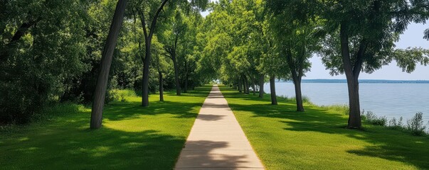 Obraz premium Serene waterfront park by the river, surrounded by lush greenery and vibrant natural beauty.