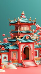 Fototapeta premium Traditional Chinese 3d ancient building illustration poster background