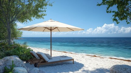 Tranquil beach scene with loungers and an umbrella by the sea.