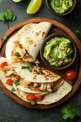 Delicious grilled chicken tacos served with fresh guacamole and cherry tomatoes on a wooden platter for a vibrant meal