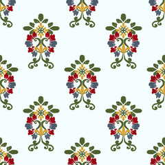 Colorful floral with yellow embroidery, motif ethnic ikat seamless textile illustration, print striped ornament, pattern, design for wrapping, silk, scarf, background, and textile.