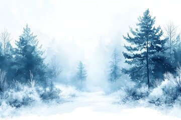 Frosty Watercolor Forest at Dawn with Subtle Blue and White Tones