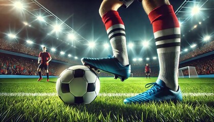 Close-Up of Soccer Ball on Grass with Player Poised to Kick in a Stadium Under Bright Lights