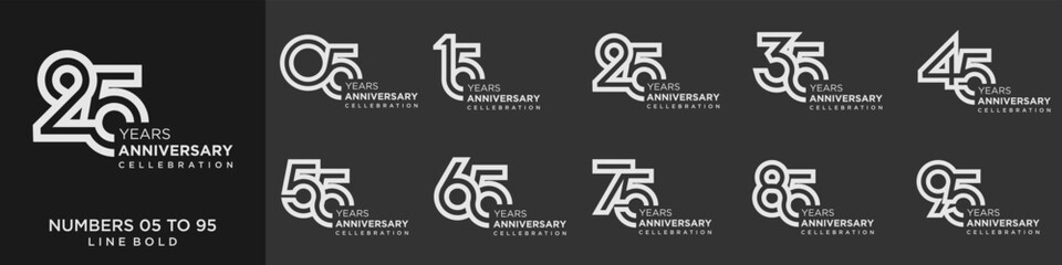 collection anniversary 15 to 95 year, creative number design vector illustration.
