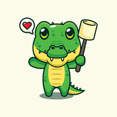 Crocodile eating marshmallow cartoon vector illustration.