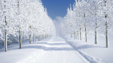 Fototapeta premium Tranquil Winter Wonderland: Cross-Country Skiing Trail Through Snow-Dusted Trees - Perfect for Winter Sports Enthusiasts