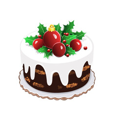 Traditional Christmas Cake with Red Berries. Holiday Cake with Icing and Holly Leaves