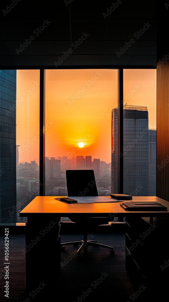 Poster a desk with a laptop and a chair in front of a window with a sunset in the background