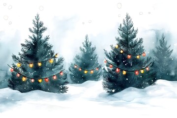 Fototapeta premium Watercolor of Snow Covered Evergreen Trees with Twinkling Holiday Lights in Cozy Winter Scene