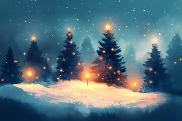 Naklejka premium Snowy Evergreen Forest with Twinkling Holiday Lights Cozy Winter Watercolor