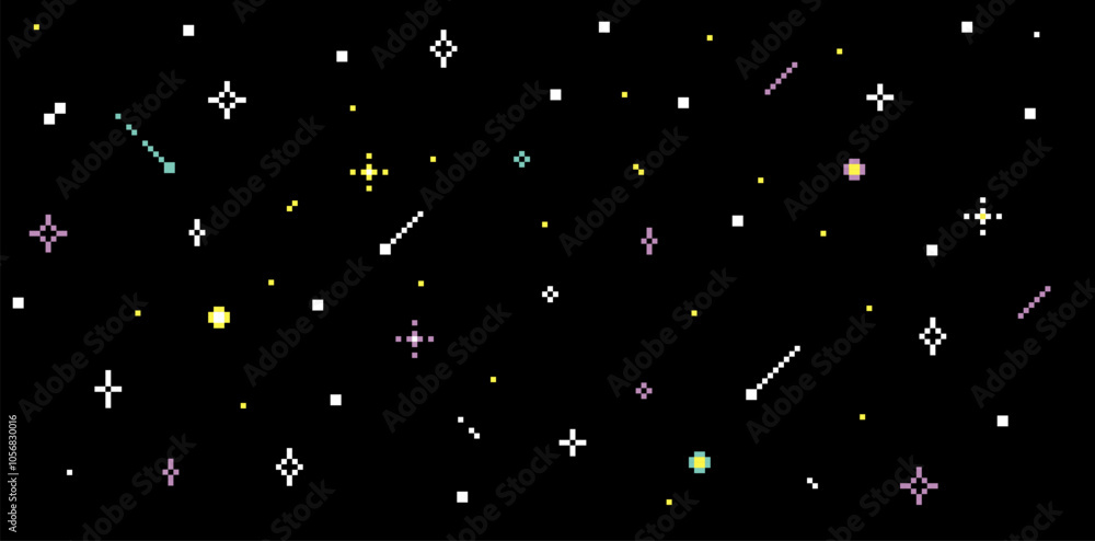 Aufkleber dark starry sky background. pixel art. night sky texture. sparkling star. universe. 8 bit retro styl