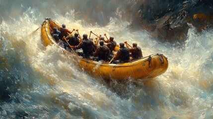 A group navigating a river rapids in a yellow raft.