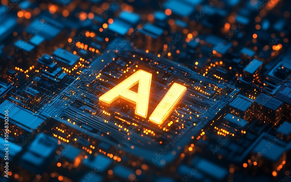 Fototapete advanced ai technology with digital circuitry and orange glow : generative ai