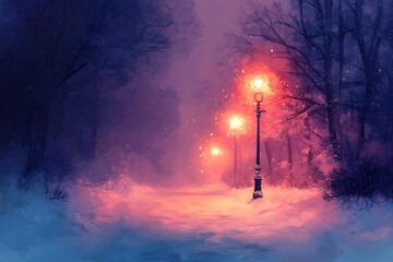 Snowy Pathway Illuminated by Soft Street Lights in Serene Winter Evening