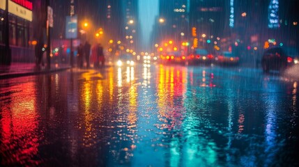 Obraz premium City Lights Reflected in Rainy Street