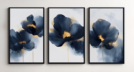 Three Navy Blue Watercolor Flowers with Golden Centers
