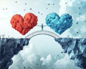 IQ and EQ Leader skills Person bridging two hearts on a cliff top