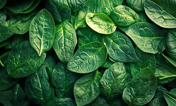 Close-up of fresh spinach leaves in vibrant green hues.