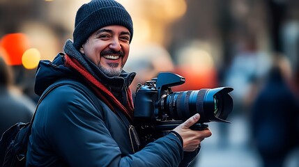 Smiling Photographer Captures Urban Life with Professional Camera : Generative AI