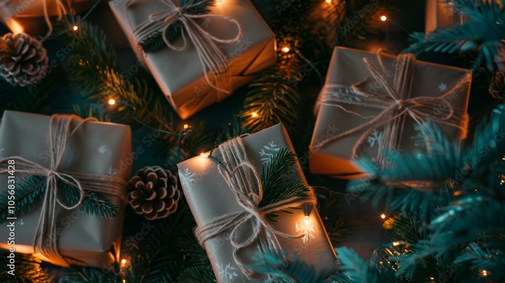 Poster a group of brown boxes with ribbons on them are on a tree. the boxes are decorated with pinecones an