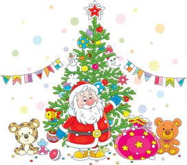 Santa Claus with his magic gift bag and a decorated green Christmas tree with colorful holiday toys, balls, garlands and sweets, vector cartoon illustration on a white background