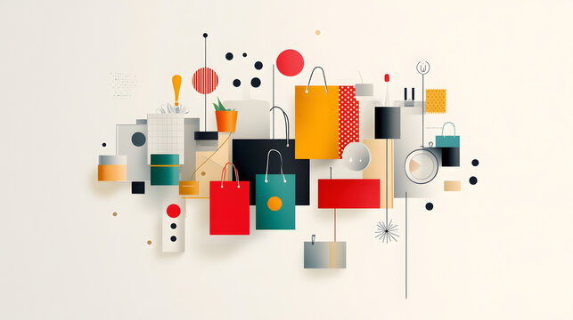 Colorful abstract composition featuring shopping bags and geometric shapes