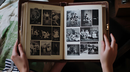 A close-up of different hands of various ages turning the pages of a photo album, showing black-and-white and color photos 