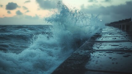 Crashing Waves Against a Coastal Pier in the Stormy Seascape