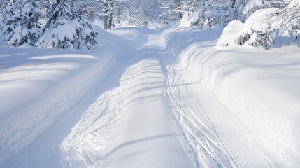 Obraz premium Winter Wonderland: Snow-Covered Trail with Ski Tracks for Adventurous Winter Sports Exploration