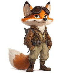 Naklejka premium A cartoon fox in a pilot�s outfit on a white background.