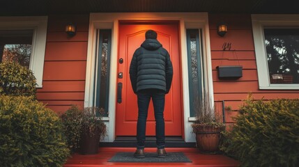 A man standing in front of a red door of a house